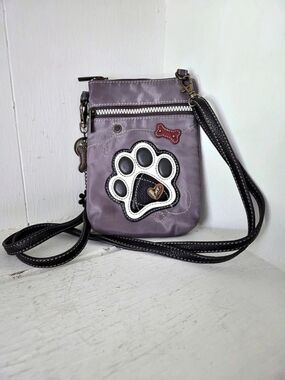 Chala Cell Phone Crossbody / Paw Print Bag in Purple & Black